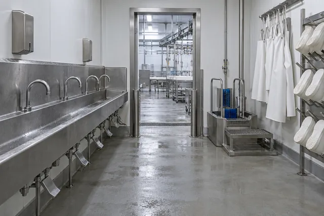 An empty hygiene room with hand-wash troughs, a boot wash, and aprons on racks