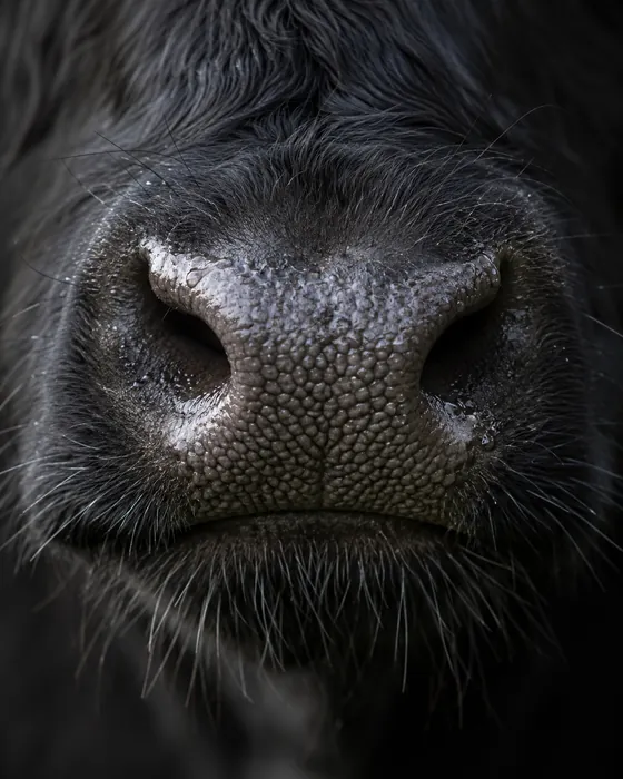 The ridged nose print of a steer's muzzle, close up
