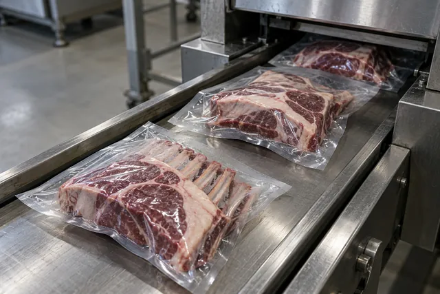Vacuum-packed cuts on a stainless conveyor leaving the packer