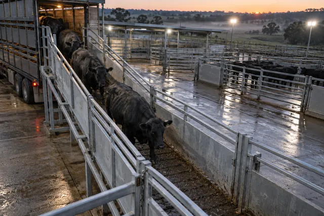 Cattle walking down an unloading ramp from a stock crate at dawn